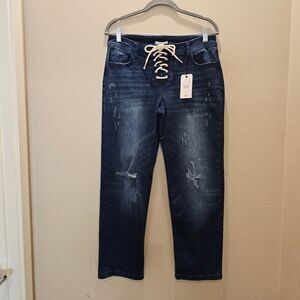 NWT Forever 21 Distressed Lace-Up Cropped Jeans Size 28